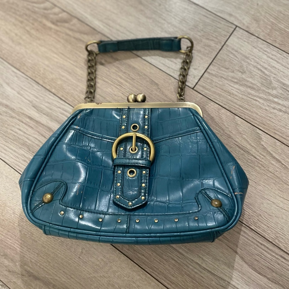 Vintage Nine West teal faux-leather handbag with gold chain detail